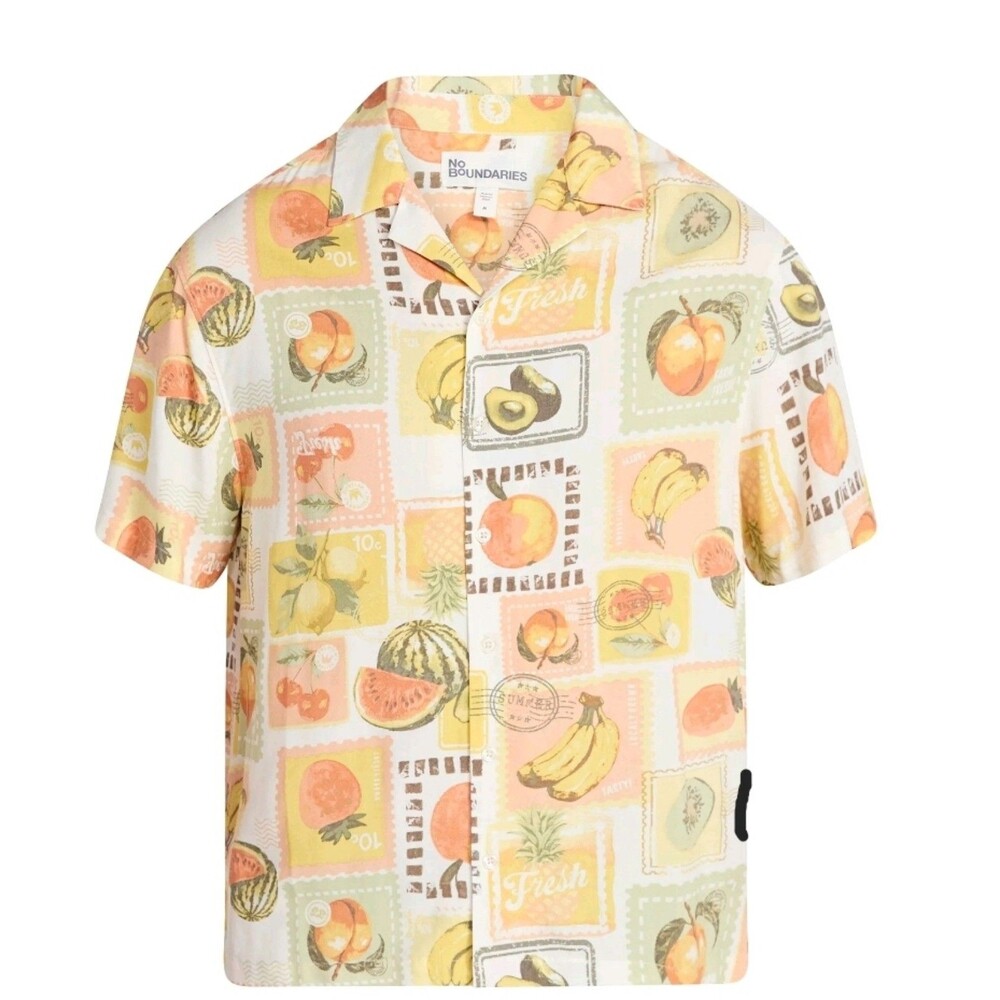 NWT No Boundaries Hawaiian Fruit Peaches Summer Short Sleeve Button Up Men's S